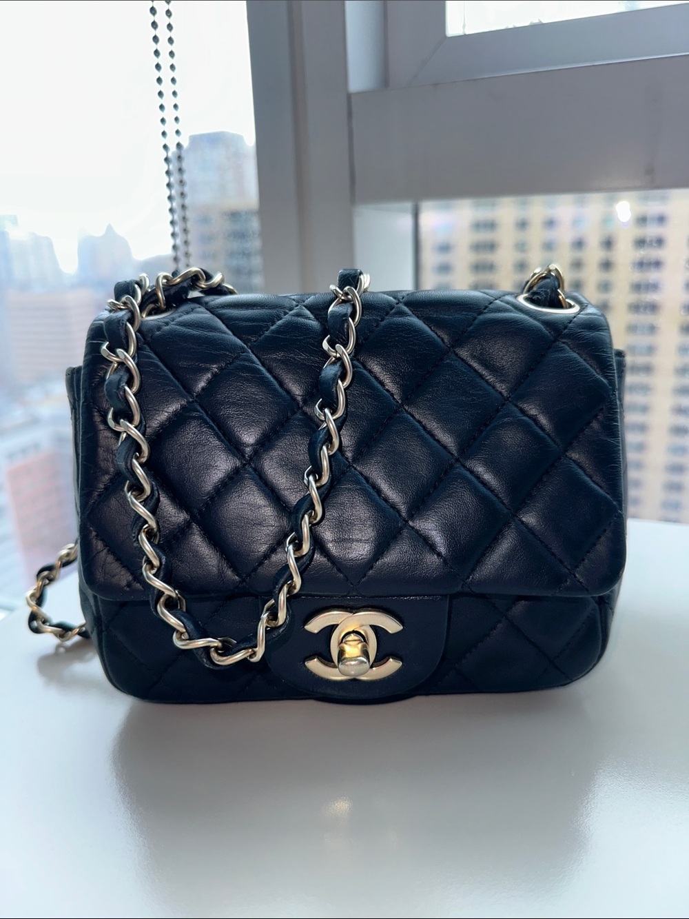 CHANEL Mini Square Flap Navy Quilted Lambskin with Gold Hardware